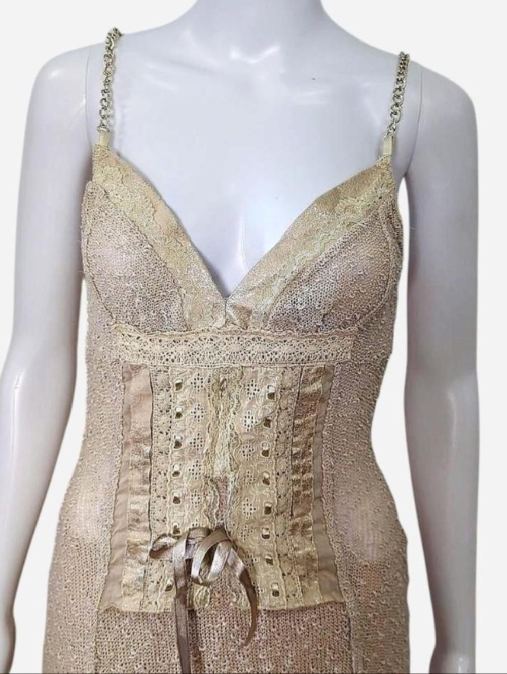 Y2K cream lace corset textured knit dress Zone Bleue